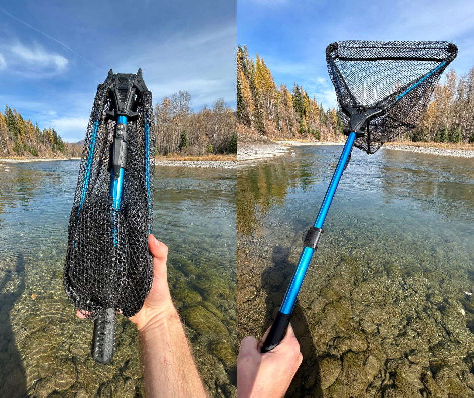 Angler holding a foldable landing net in front of a river. The net is folded up on the left and deployed on the right to showcase its portability and versatility.