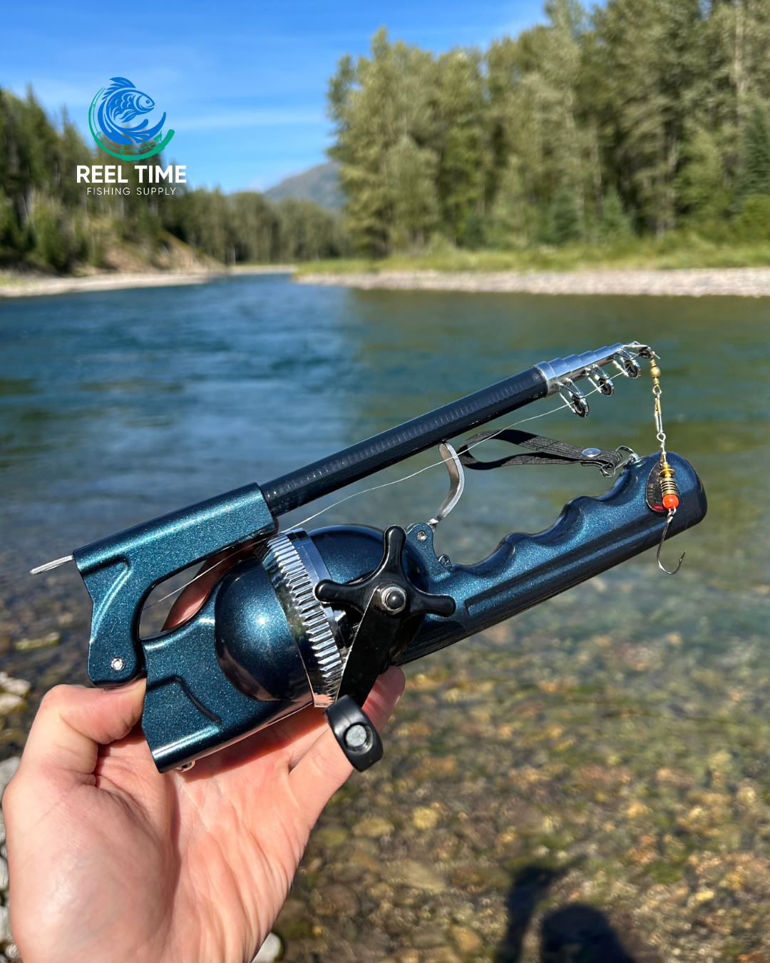 Angler holding a Foldable Travel Fishing Rod in front of a river. Compact and portable design.