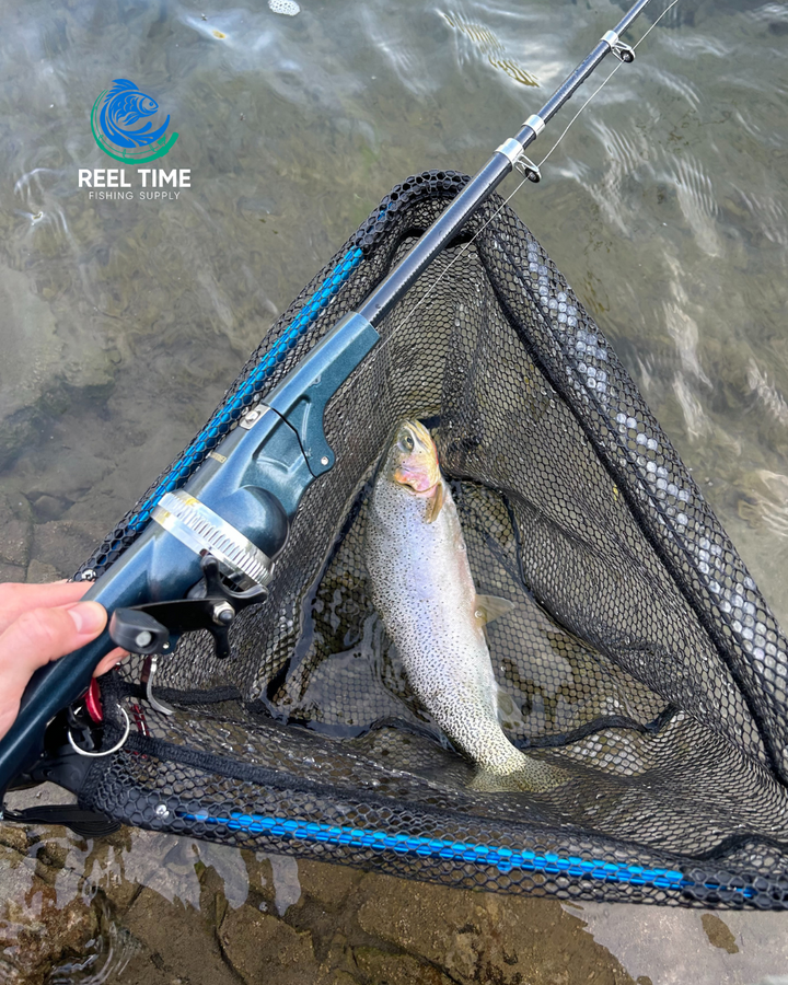 Angler holding a netted fish with the Foldable Travel Fishing Rod in view.