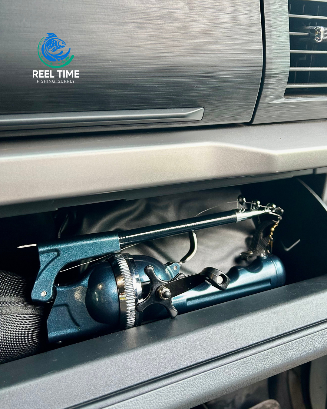 Foldable Travel Fishing Rod stored in a glove box, showcasing its compact and portable design.